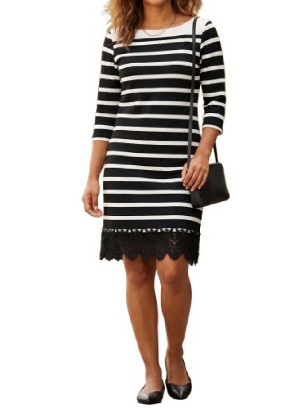 New York & Company Striped Sheath Dress Black White Lace Trim Hem 3/4 Sleeves